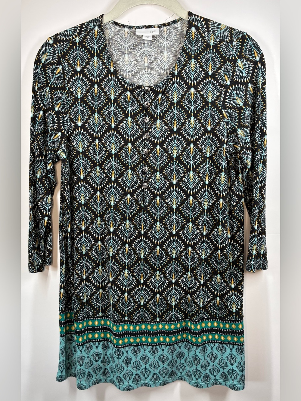 J. Jill Women's Black Teal Border Print Button Front Tunic Top Size XS